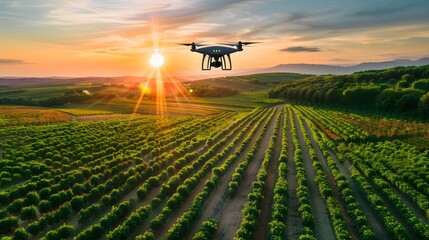Drone Technology in Precision Agriculture: Overseeing Lush Vineyard at Sunset
