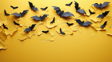 halloween and decoration concept - black paper bats flying over yellow background