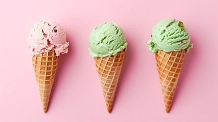 Homemade vanilla chocolate and pistachio ice cream in a cone on pink background