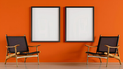 Two sleek black frames on an orange backdrop, accompanied by modern wooden chairs, creating a chic atmosphere.