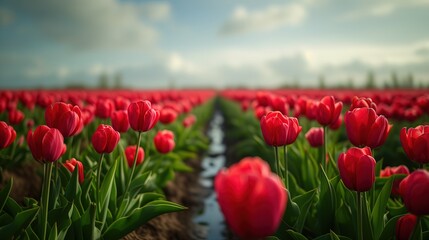 W polu rozciągają się czerwone tulipany, a niebo jest zachmurzone. Na pierwszym planie kwiaty tulipanów, które łączą się z horyzontem