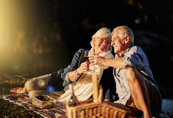 Senior couple, wine glasses and toast at picnic on travel, romance and relax in outdoor nature....
