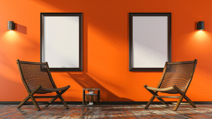 Two spotlighted black frame mockups on an orange wall, accompanied by two contemporary wooden chairs.
