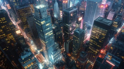 A bustling cityscape at night with neon lights illuminating modern skyscrapers, viewed from above. 