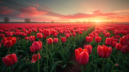 W polu rozciągają się czerwone tulipany, a słońce zachodzi na horyzoncie. Sceneria jest malownicza i pełna naturalnego uroku