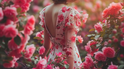 Kobieta w jasnej sukience stoi w polu pełnym intensywnie różowych kwiatów