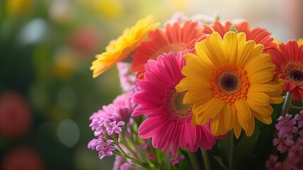 Wazon wypełniony wieloma kolorowymi kwiatami, stanowiącymi bukiet z okazji uroczystości. Kwiaty ożywiają przestrzeń i tworzą przyjemną atmosferę