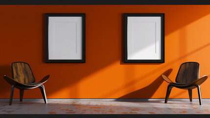 Two spotlighted black frame mockups on an orange wall, with a pair of contemporary wooden chairs, casting dramatic shadows.