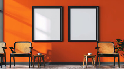 Vibrant orange wall serving as a backdrop to two black frame mockups, elegantly complemented by the sleek design of wooden chairs.