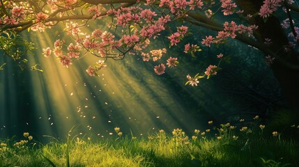 Obraz przedstawia drzewo w pełnym rozkwicie różowych kwiatów, oświetlone promieniami wiosennego słońca