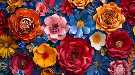 A colorful paper craft flower bouquet with a variety of colors. 3d rendering, abstract wide panoramic floral background