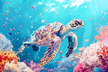 Vibrant sea turtle swimming in colorful coral reef