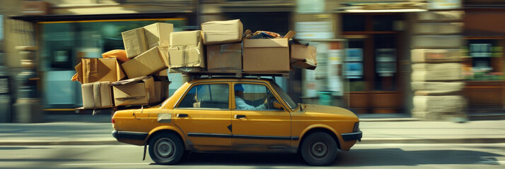 A yellow car is loaded with boxes and is driving down the street by AI generated image