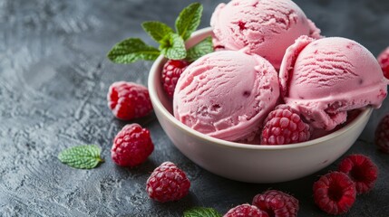 Raspberry ice cream scoops with fresh raspberries in a bowl on the table