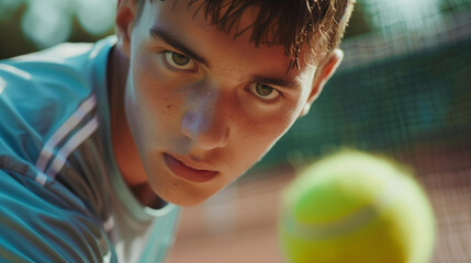 Focused young tennis player in warm sunlight on outdoor court captured in closeup shot