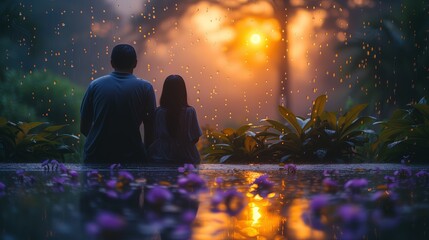Mężczyzna i kobieta siedzą na drewnianej ławce w deszczowy dzień, otoczeni naturą. Trzymają...