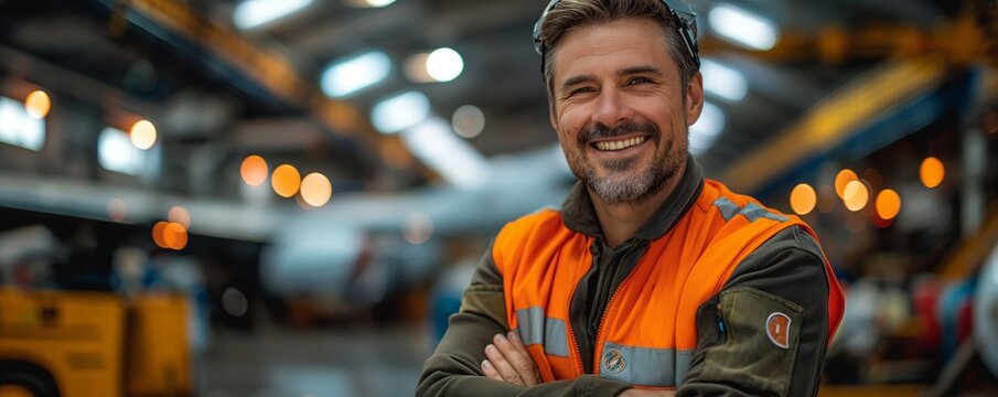 Engineer with folded arms by plane