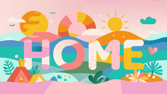 Colorful Illustration of Peaceful Home Landscape with Sunset