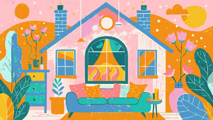 Whimsical Illustration of a Cozy Home Interior with Colorful Decor and Plants