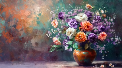 Fototapeta premium Happy Mother's day background, Mothers day flowers in vase done, Elegant floral colors of purple pink white and peach in dark green and rusted orange vase