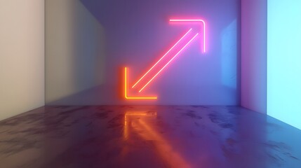 A neon arrow sign glows in pink and orange, 3d render, creating a vibrant contrast against a dark