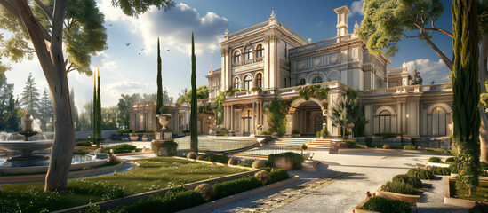 A image of a luxurious mansion estate with gated entrance, sprawling grounds, and opulent...