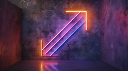 A neon arrow sign glows in pink and orange, 3d render, creating a vibrant contrast against a dark, textured backdrop in a dimly lit setting.