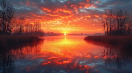 Słońce schodzi za horyzont nad jeziorem, tworząc piękne odbicia na lustrzanym powierzchni wody. Widok jest spokojny i relaksujący