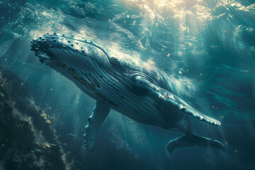 Fototapeta premium Dive into the depths of the ocean on World Oceans Day with a captivating underwater scene showcasing the majestic presence of a humpback whale in its natural habita