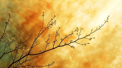 Obraz przedstawia gałąź drzewa kontrastującą z intensywnie żółtym niebem. Promienie słoneczne przenikają przez gałęzie, tworząc abstrakcyjny wzór