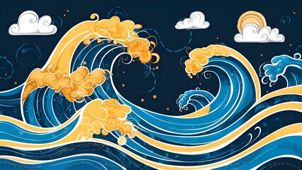 Magical fairytale ocean waves art painting. Unique blue and gold wavy swirls of magic water.