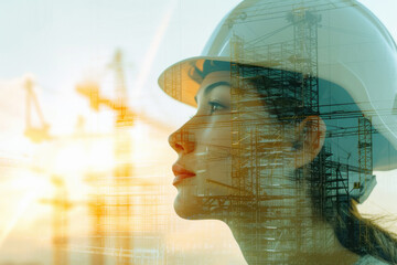 double exposure image of female engineer