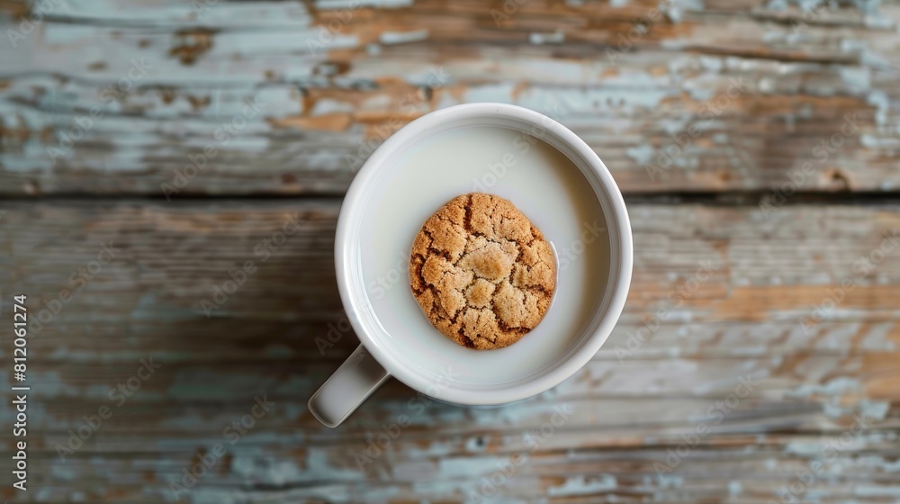 Sticker a cup of milk and a cookie set against a rustic wooden backdrop make for a wholesome breakfast or a 