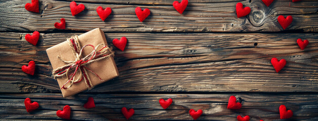 Gift wrapped in brown paper with red hearts on a wooden surface. - Powered by Adobe