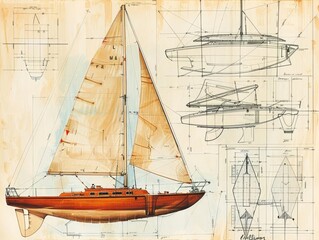 An architectural drawing of a recreational sailboat, highlighting the sail mechanisms and hull design