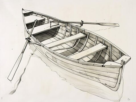 An architectural drawing of a rowboat, highlighting the oar placements and bench seats