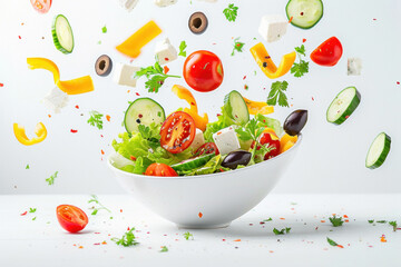 Greek salad flying into bowl