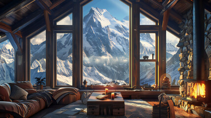A image of a mountain chalet nestled among snow-capped peaks, featuring cozy interiors, a fireplace, and scenic views of alpine