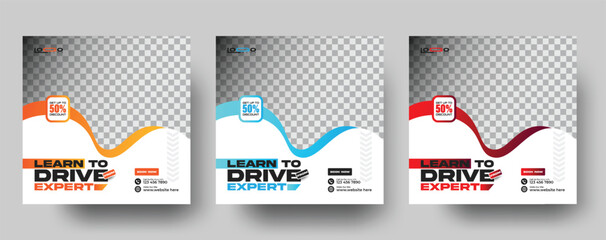 Set of Car Learns To Drive editable square Instagram banner template. or Car Driving  promotional Instagram post design