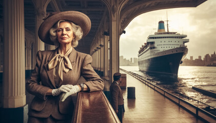 An elegant woman in vintage clothing looks at an ocean liner sailing from the port, the image creates an atmosphere of nostalgia and old world romance