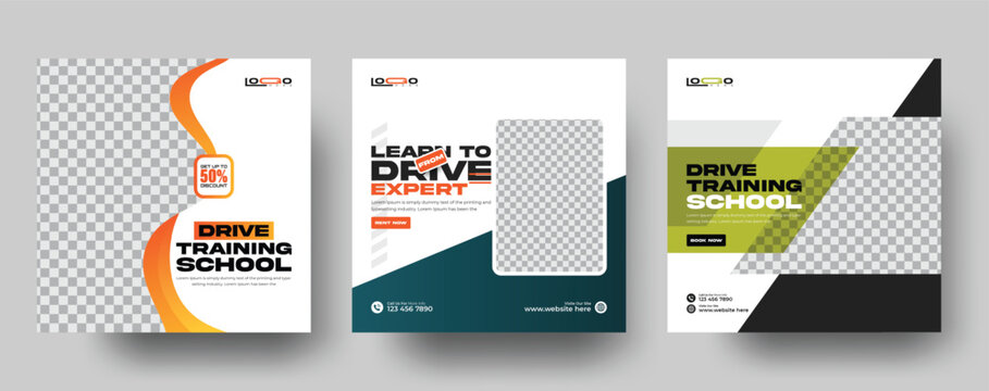 Set of Car Learns To Drive editable square Instagram banner template. or Car Driving  promotional Instagram post design