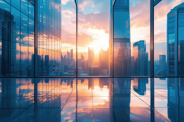 commercial building and skyline reflections at sunset