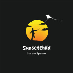child playing kite at sunset vector logo design