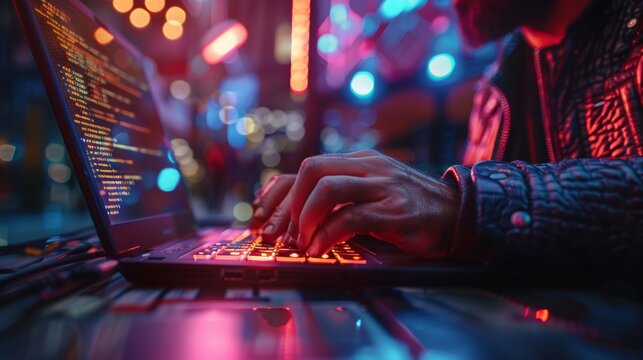 A programmer writes code on a laptop. Programming languages.