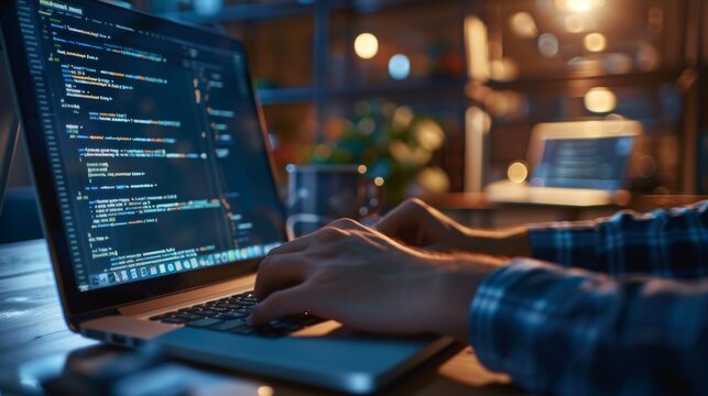 A programmer writes code on a laptop. Programming languages.