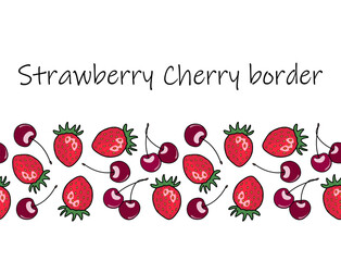 Seamless border with cherries and strawberries, lineart.