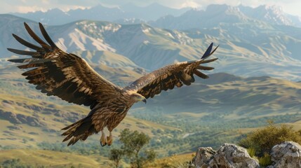 Fototapeta premium Steppe eagle, showing the wingspan, flight in the air, soaring.