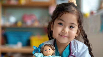 Obraz premium A delightful kindergarten student a little one in nursery school a young preschool girl role playing as a doctor with her favorite doll