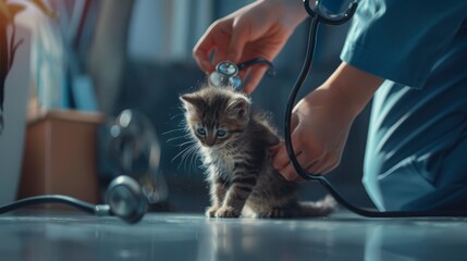 A veterinarian examines a kitten.