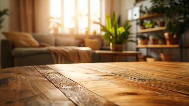 a wooden table top, a cozy room behind it